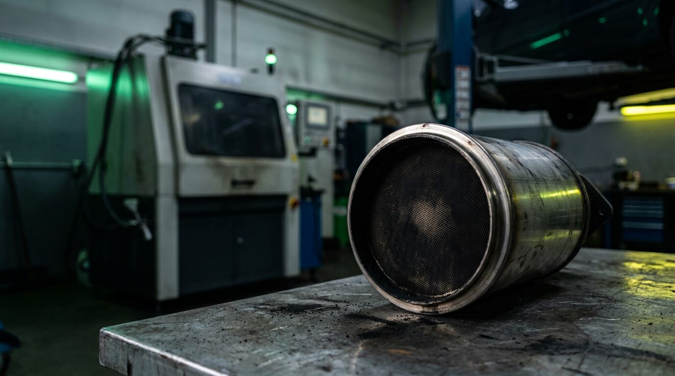 Filtre à particules diesel déposé sur l'établi d'un atelier, machine de nettoyage en arrière-plan