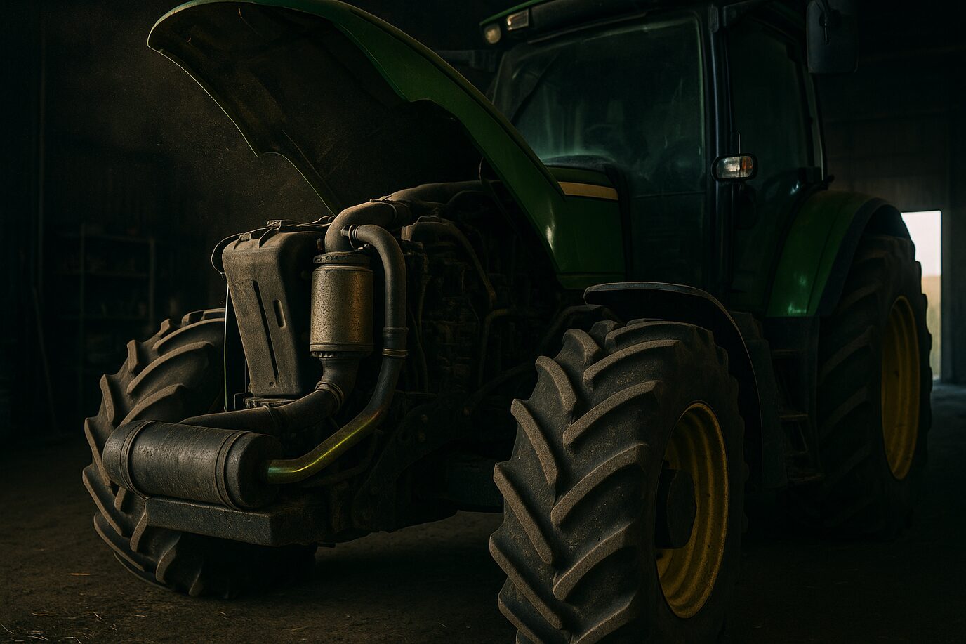 Tracteur agricole capot ouvert dans un hangar, ligne de post-traitement visible