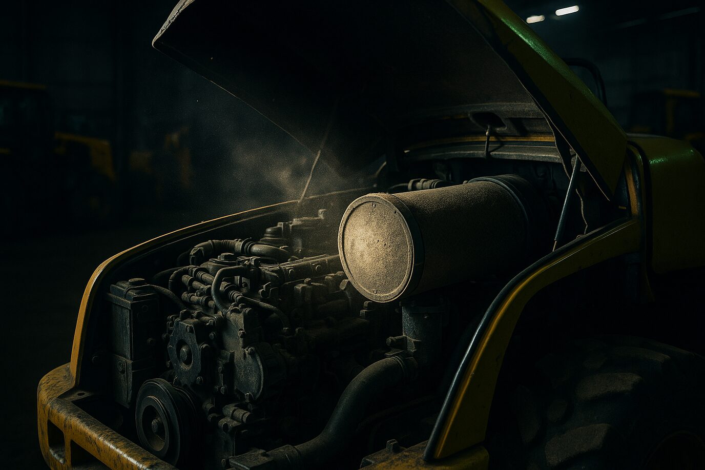 Moteur d'engin de chantier ouvert, filtre à particules couvert de poussière minérale